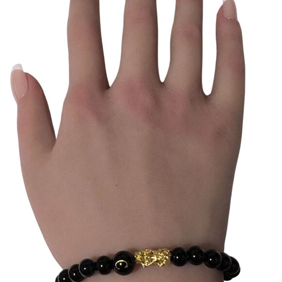 18K Gold Pixiu Piyao Bracelet Gemstones Onyx 6mm Elastic Bracelet Letter C - Picture 7 of 7